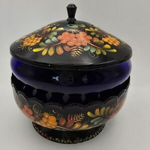 Vintage Ukrainian Petrykivka Painted Sugar Bowl / Trinket Bowl